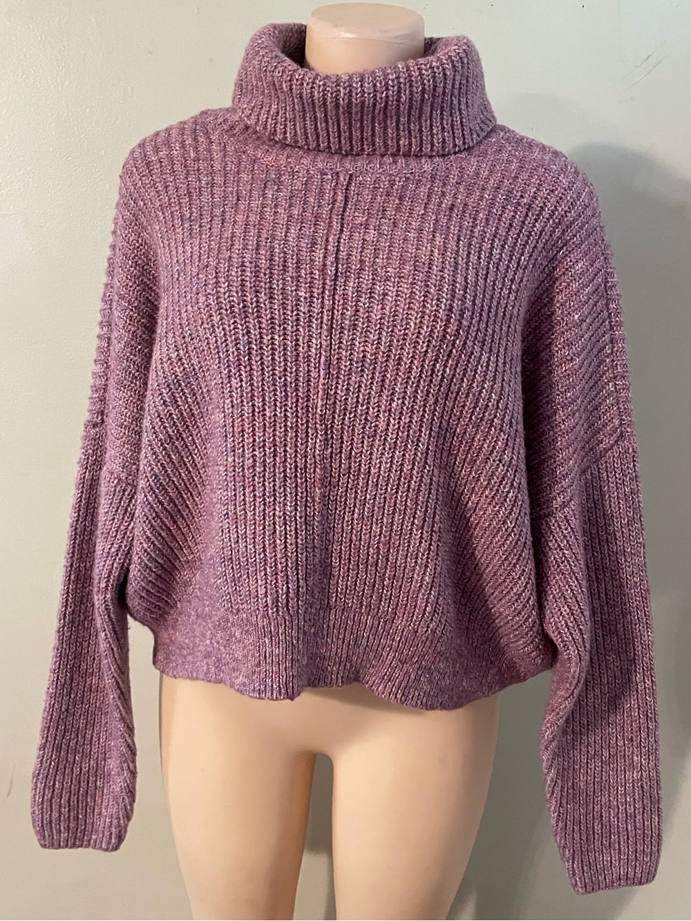 Lucky Brand fold overTurtleneck Sweater chunky marbled knit drop shoulder mauve